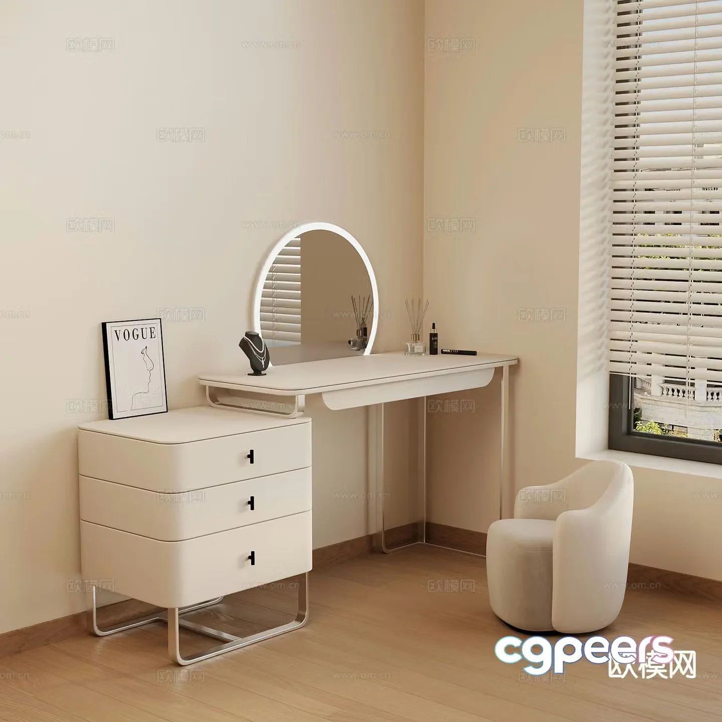 Cream style dressing table makeup table 3d model