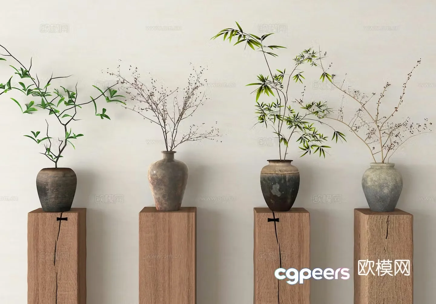 Clay pot vase dry branch flower art flower 3D model