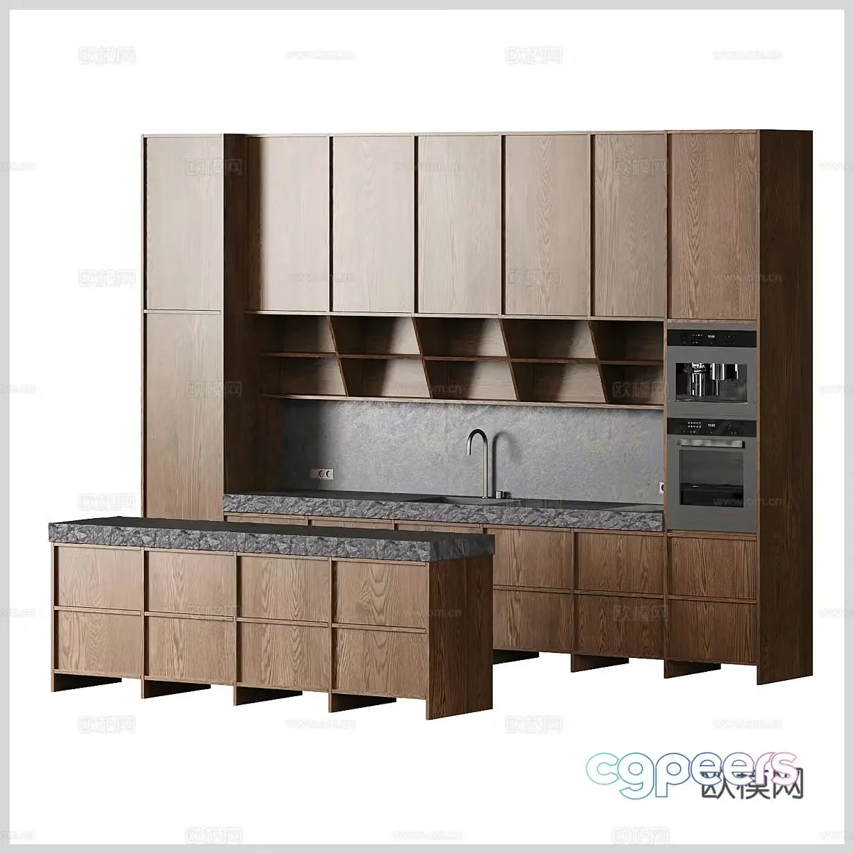 Solid wood cabinets Wood cabinets Solid wood western cabinets Kitchen island Oven Kitchen appliances Sink 3D model