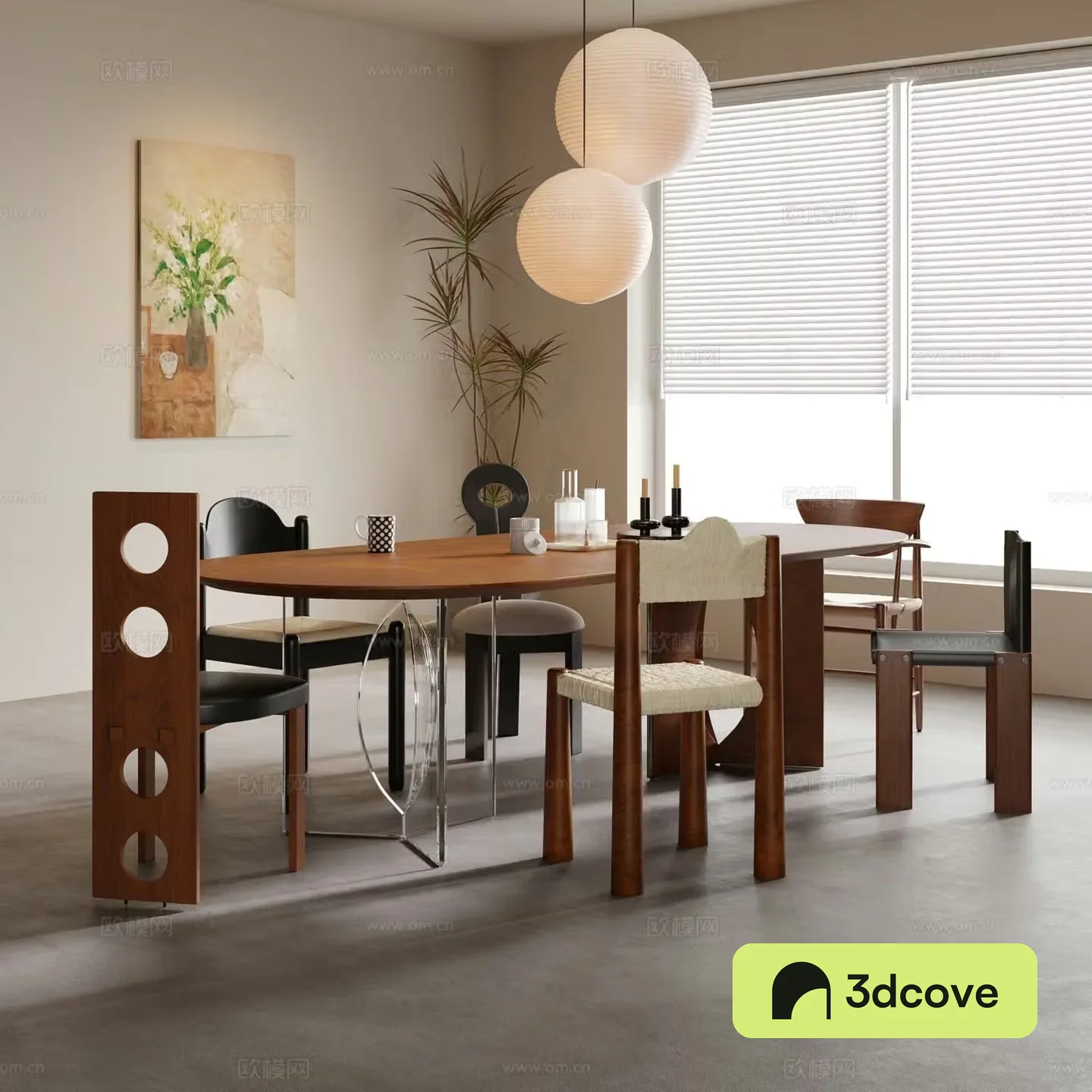 Middle style dining table and chair chandeliers decorative painting 3d model