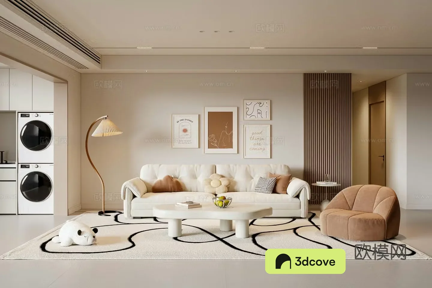 Modern creamy living room sofa coffee table multi-person sofa casual sofa painting floor lamp