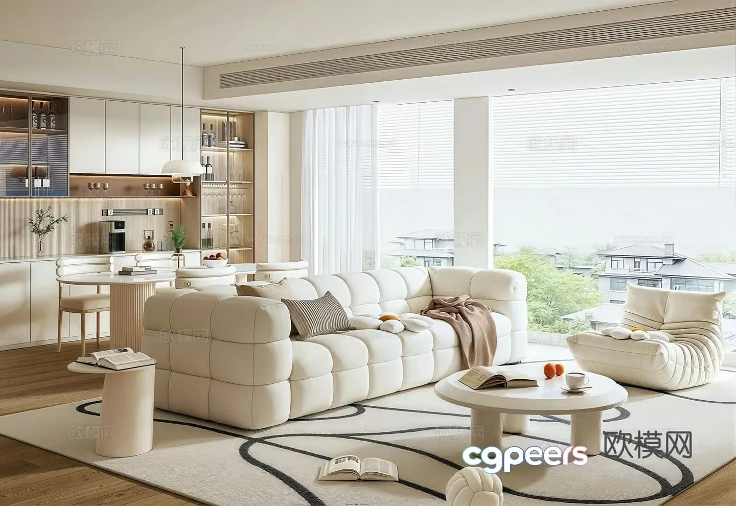 Modern creamy restaurant sofa and coffee table combination sideboard dining table and chair combination 3D model