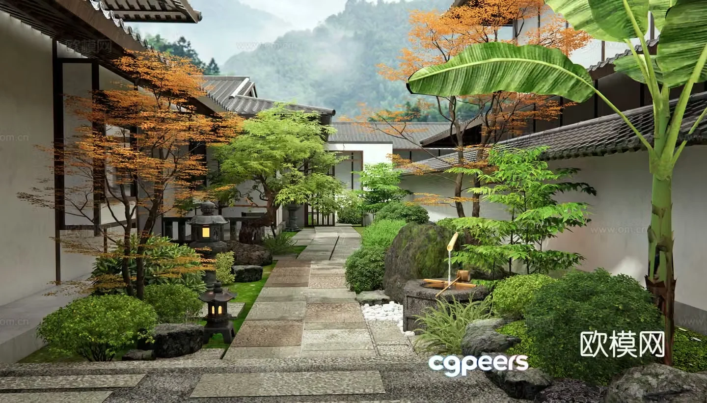 Japanese style courtyard landscape stone road shrub plant combination waterscape water bowl landscape tree 3d model