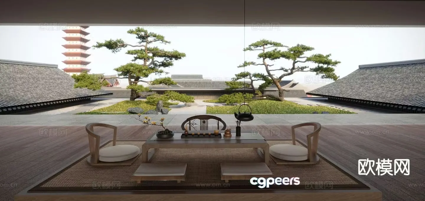 Chinese Zen courtyard tatami tea room 3D model