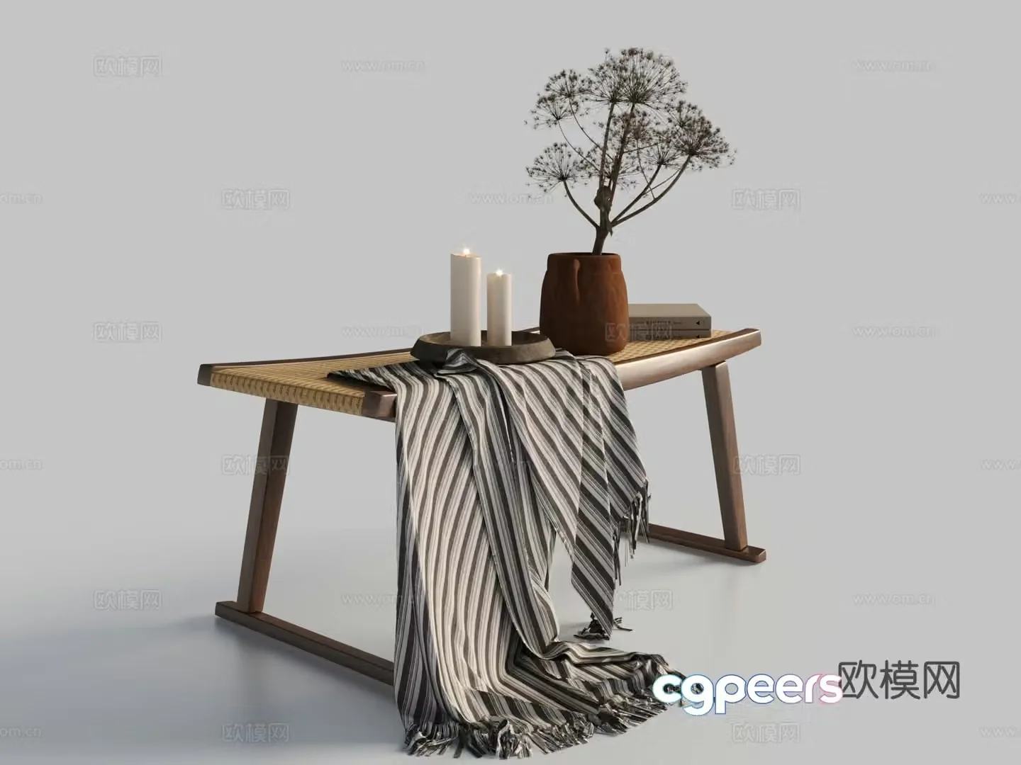 Modern bench fabric green plants book candle 3d model