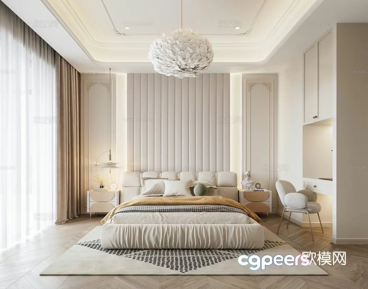 French home bedroom French double bed Feather chandelier French bedside table Master bedroom French hanging 3D model