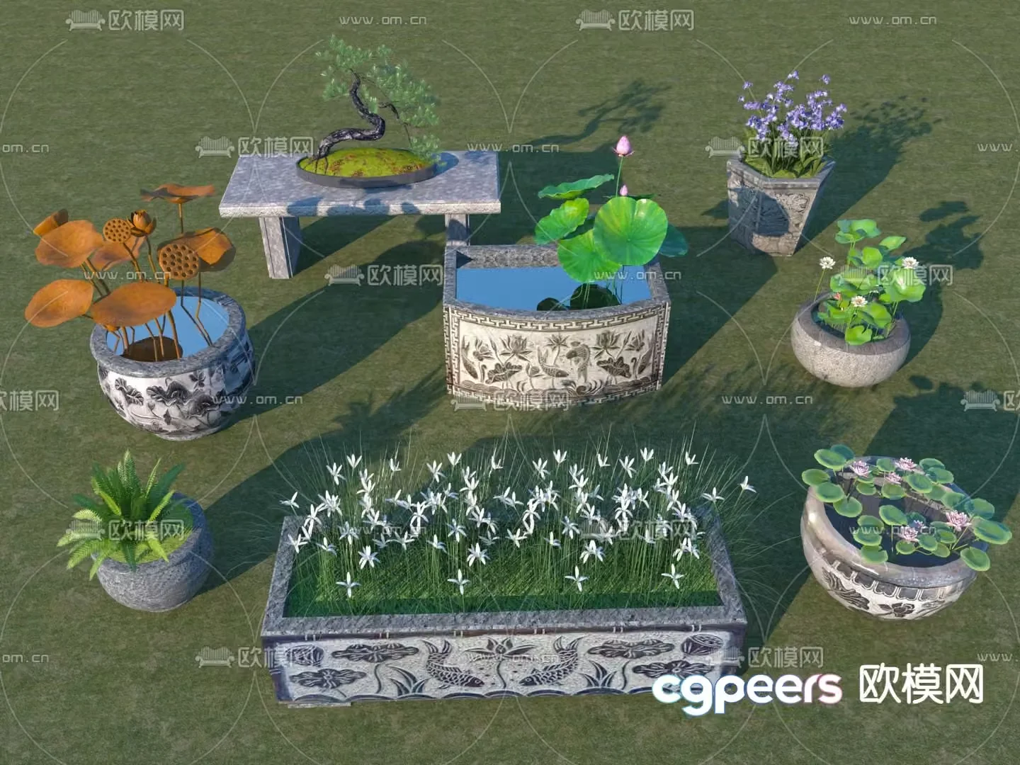 Chinese garden sketch water tank potted plant 3D model