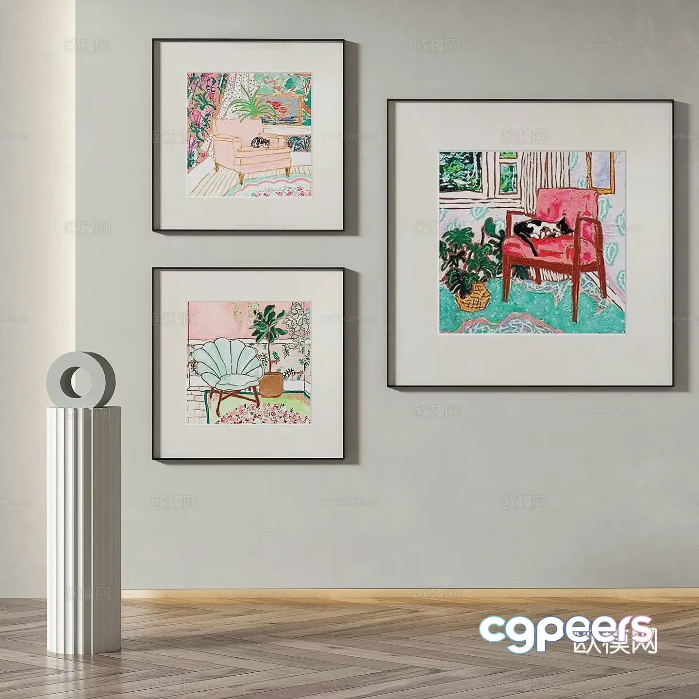 Modern simple abstract retro oil painting decorative painting 3d model