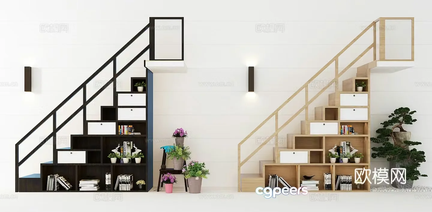 Modern staircase bookshelf combination 3d model
