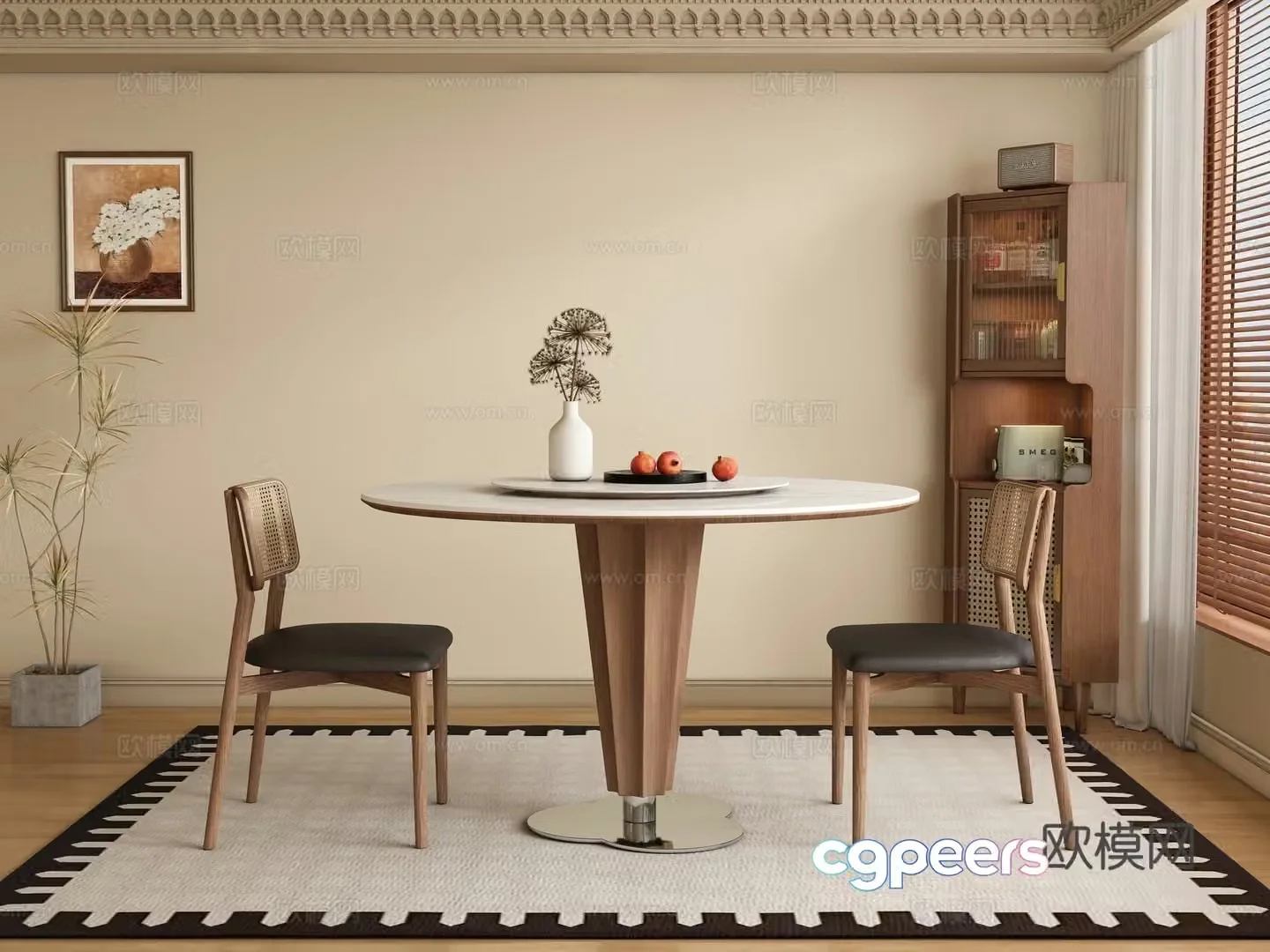 Middle style restaurant round dining table and chair 3D model