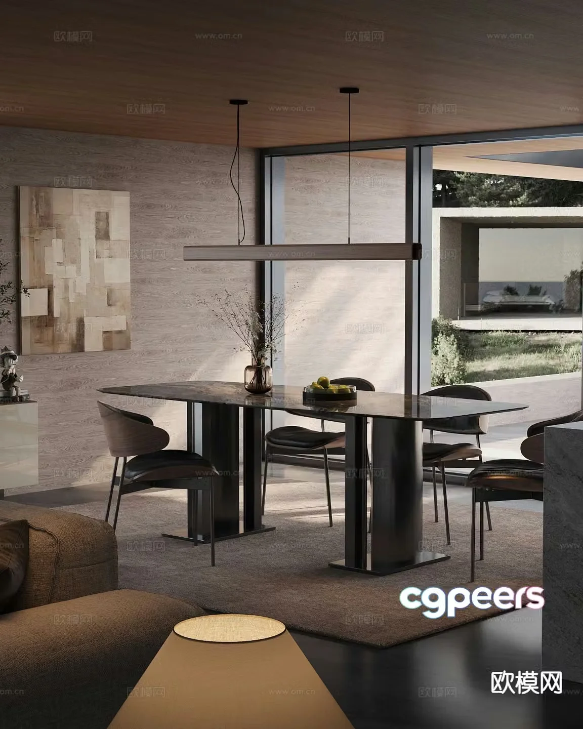 Italian long dining table and chairs 3D model