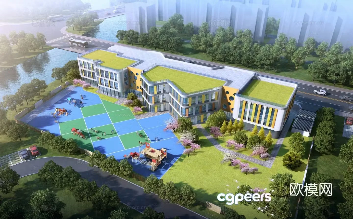 Modern kindergarten bird’s eye view planning 3D model