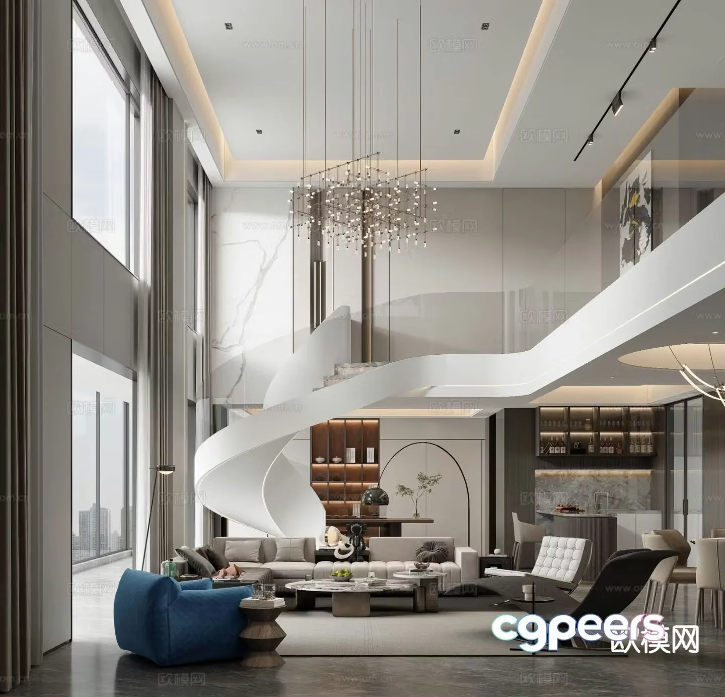 Modern empty living room 3d model of villa living room