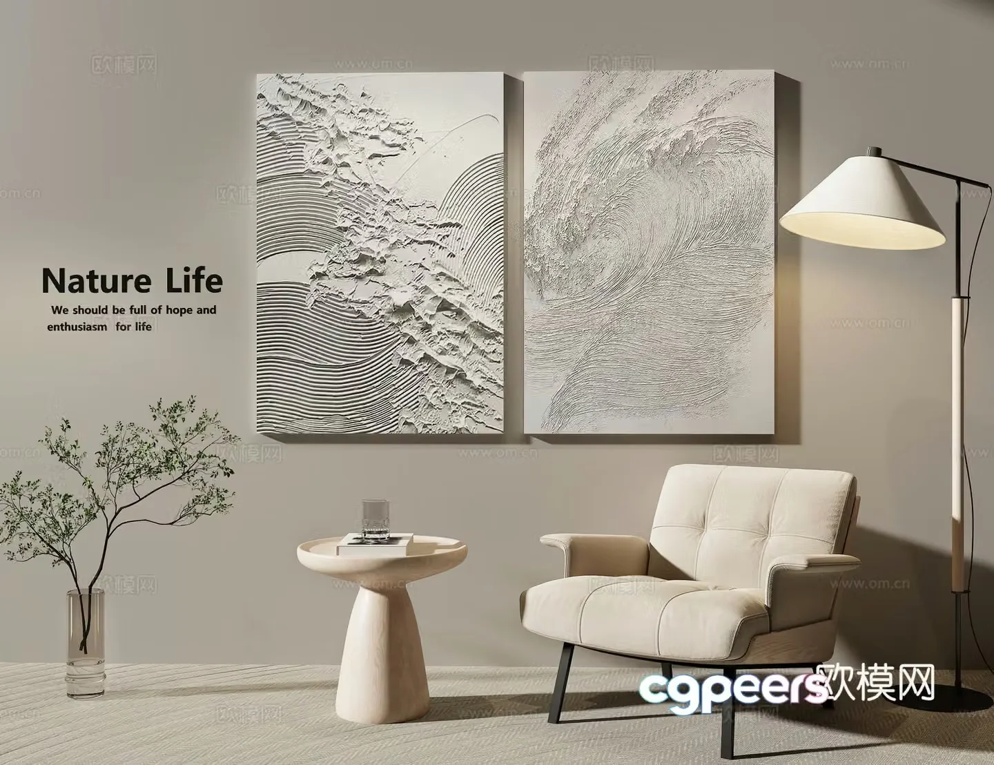 Modern Wasabi Black and White Hanging Painting Texture Decoration Painting Black and White Texture Abstract Painting Casual Sofa 3D Model