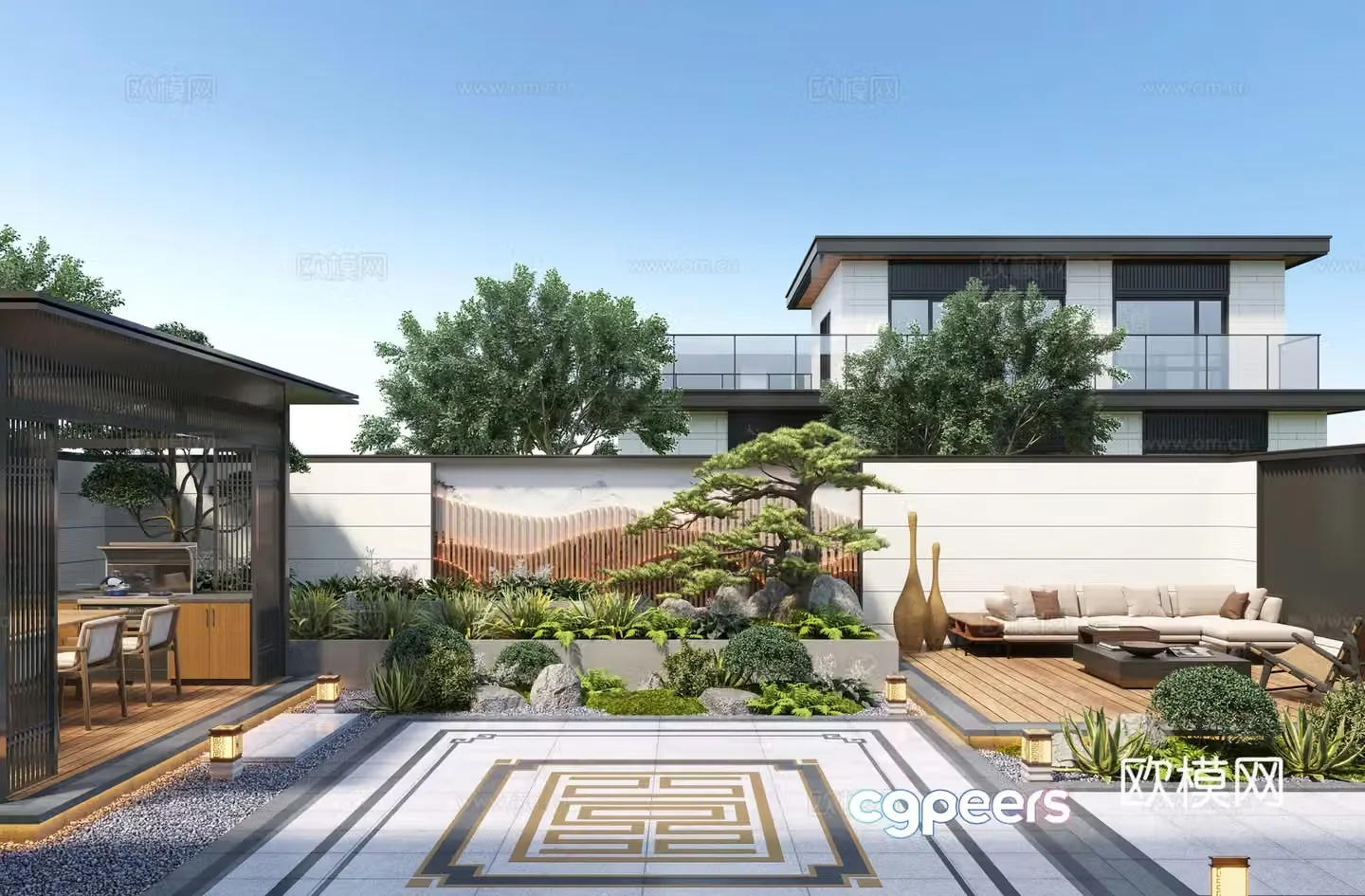 New Chinese style courtyard landscape family courtyard landscape sketch pavilion rockery waterscape landscape wall 3D model
