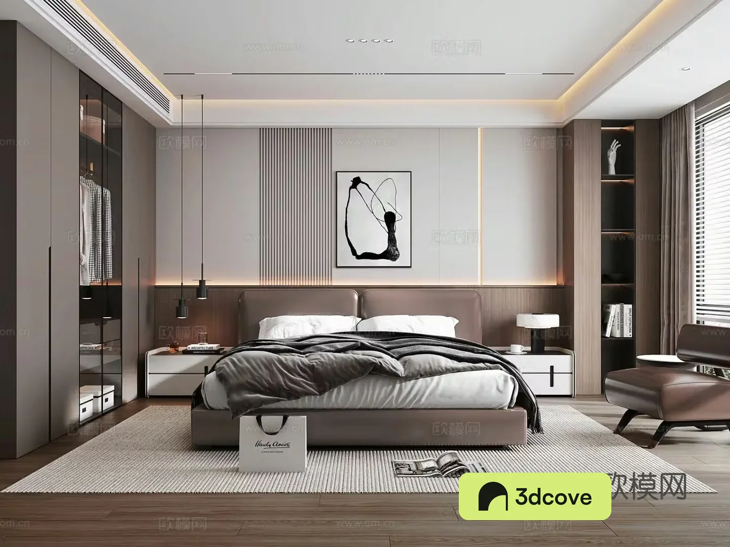 Italian light luxury bedroom leather double bed bedside table wardrobe bedside chandeliers leisure chair