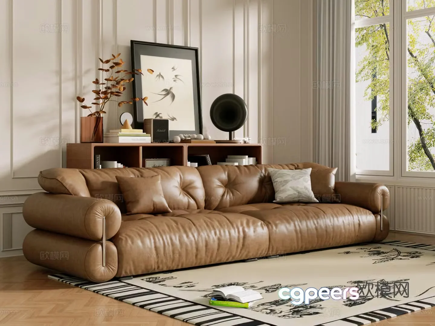 Middle-aged sofa combination coffee table carpet multi-person sofa 3D model