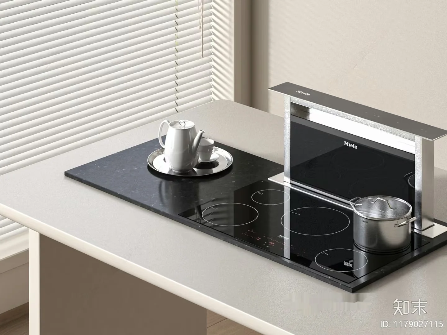 A Kitchen Countertop With A Built-In Cooktop And A Window With Blinds 3D Model – 11214 – VRAY Render