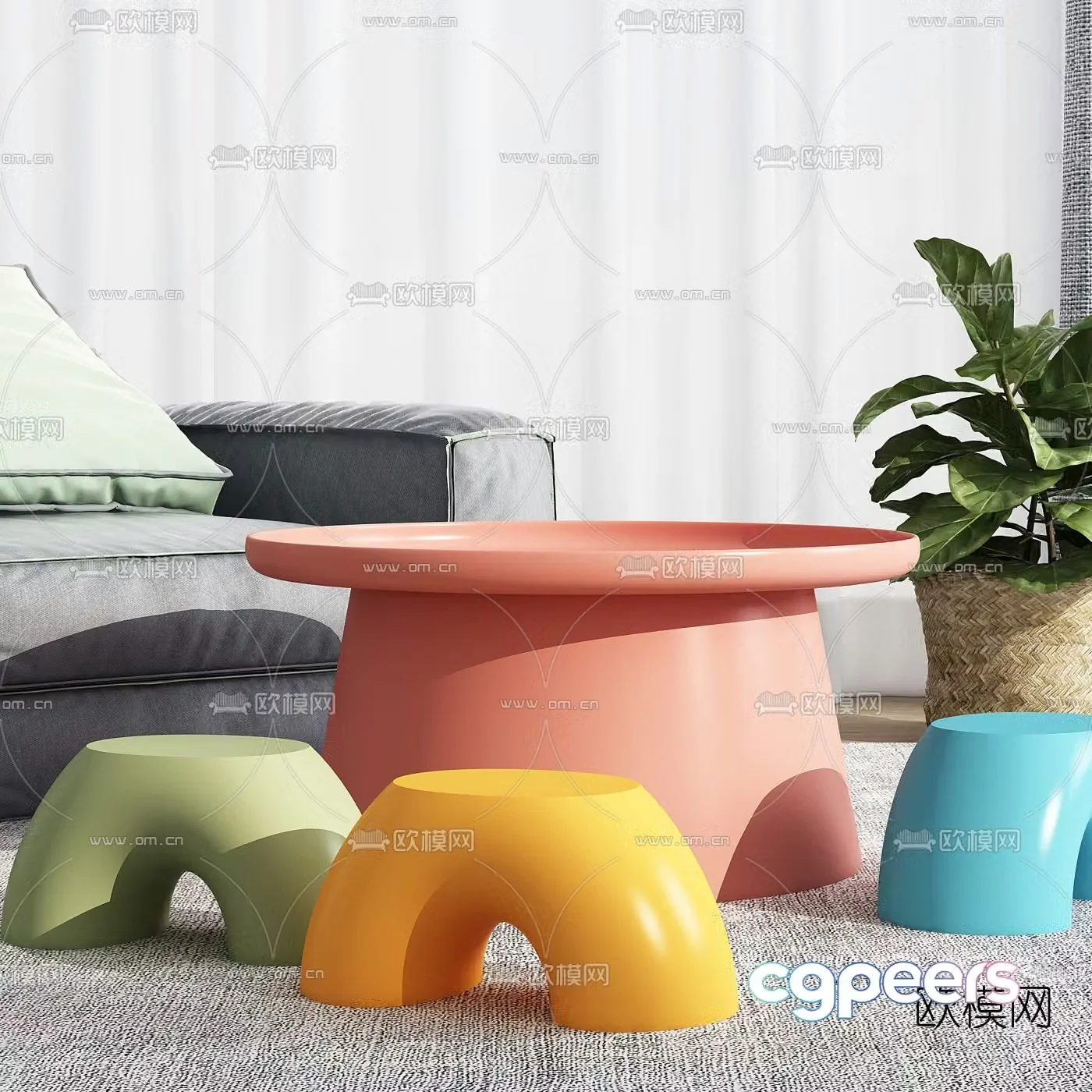 Modern plastic colorful children’s table and chairs 3d model