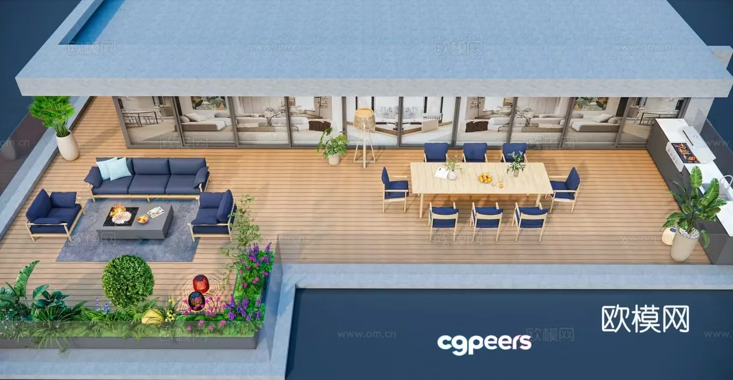 Modern roof garden terrace landscape 3d model