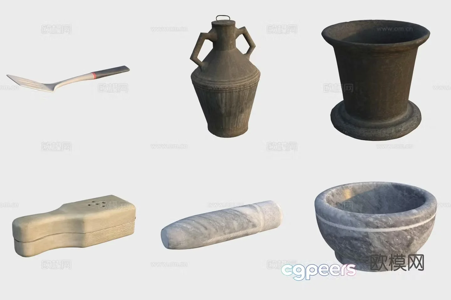 Ancient pot stone pot stone mortar spatula 3D model
