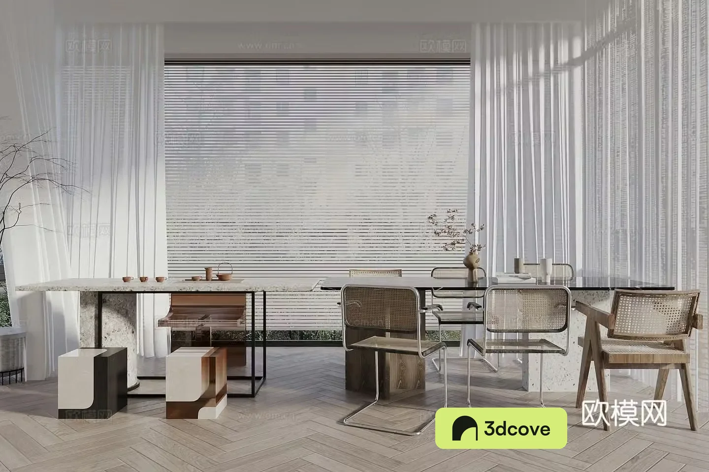 Wasabi Middle Style Tea Table and Chair Combination Dining Table and Chair Combination Window Screen Curtain 3D Model