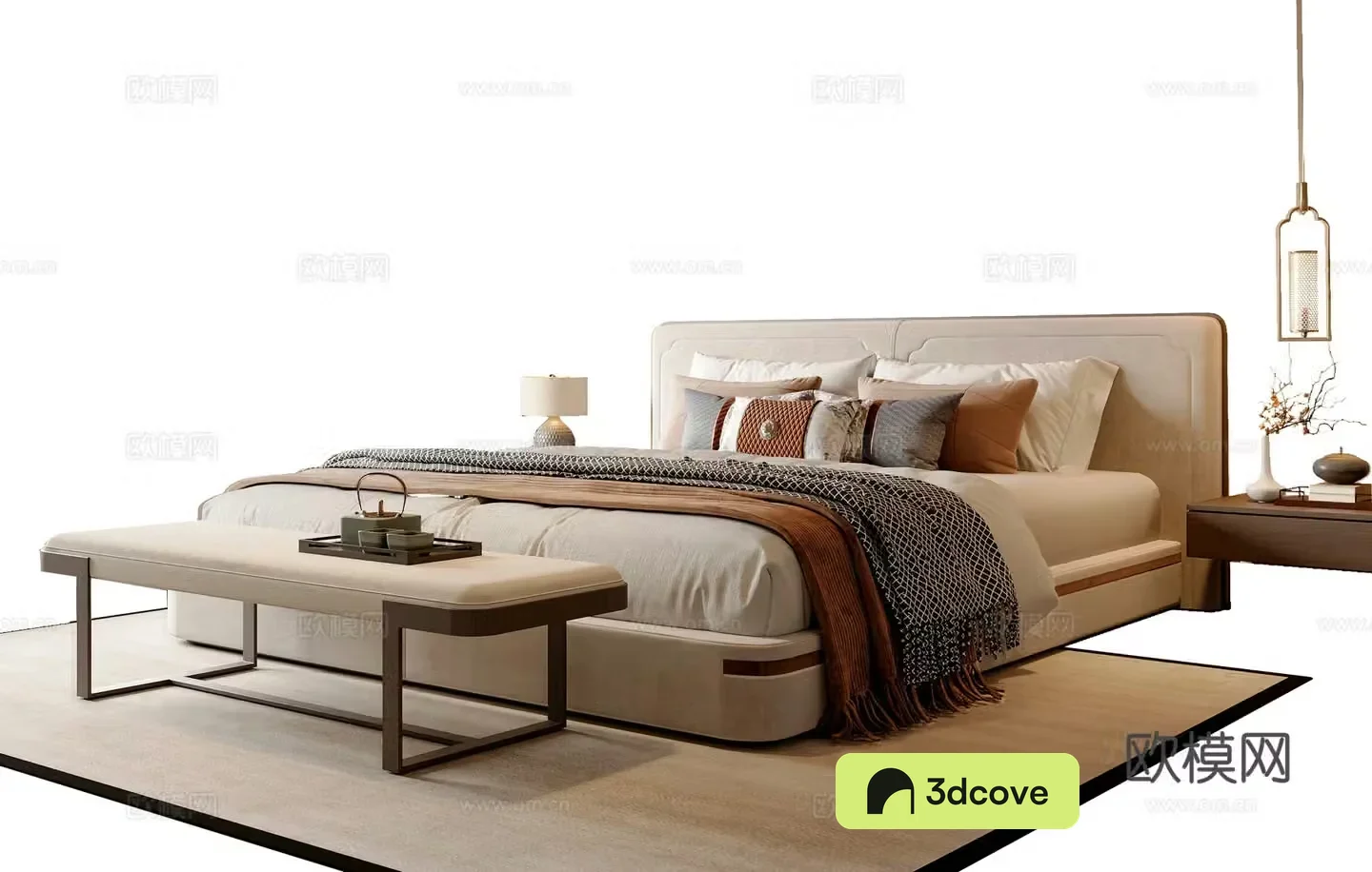 New Chinese style double bed New Chinese style bed tail stool bed nightstand chandeliers Song style