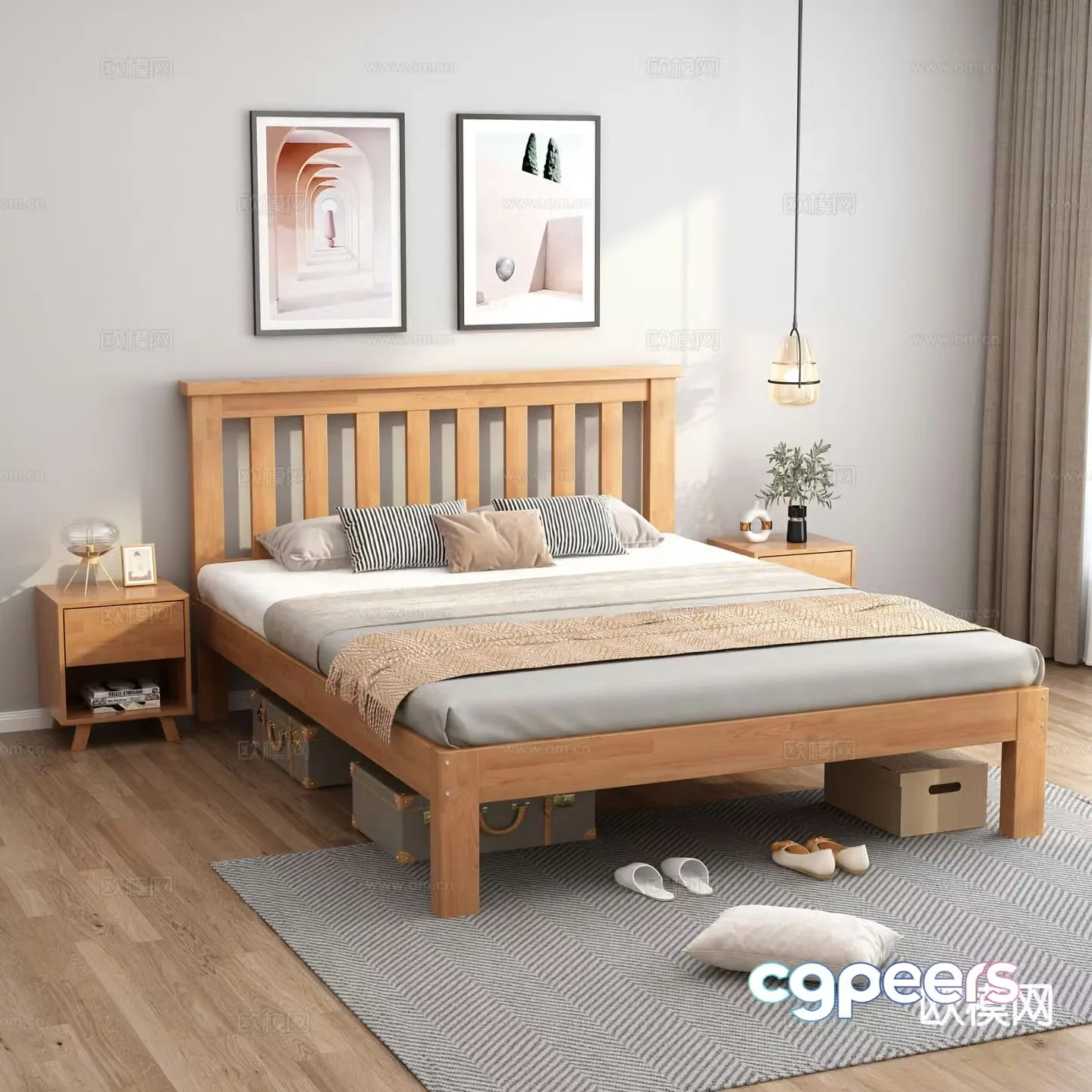 Nordic solid wood bed double bed 3d model