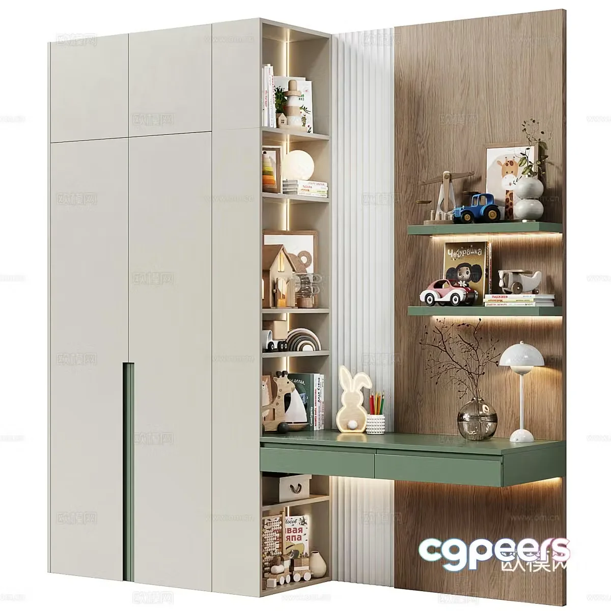 Modern Italian minimalist children’s wardrobe children’s bookcase combination 3D model