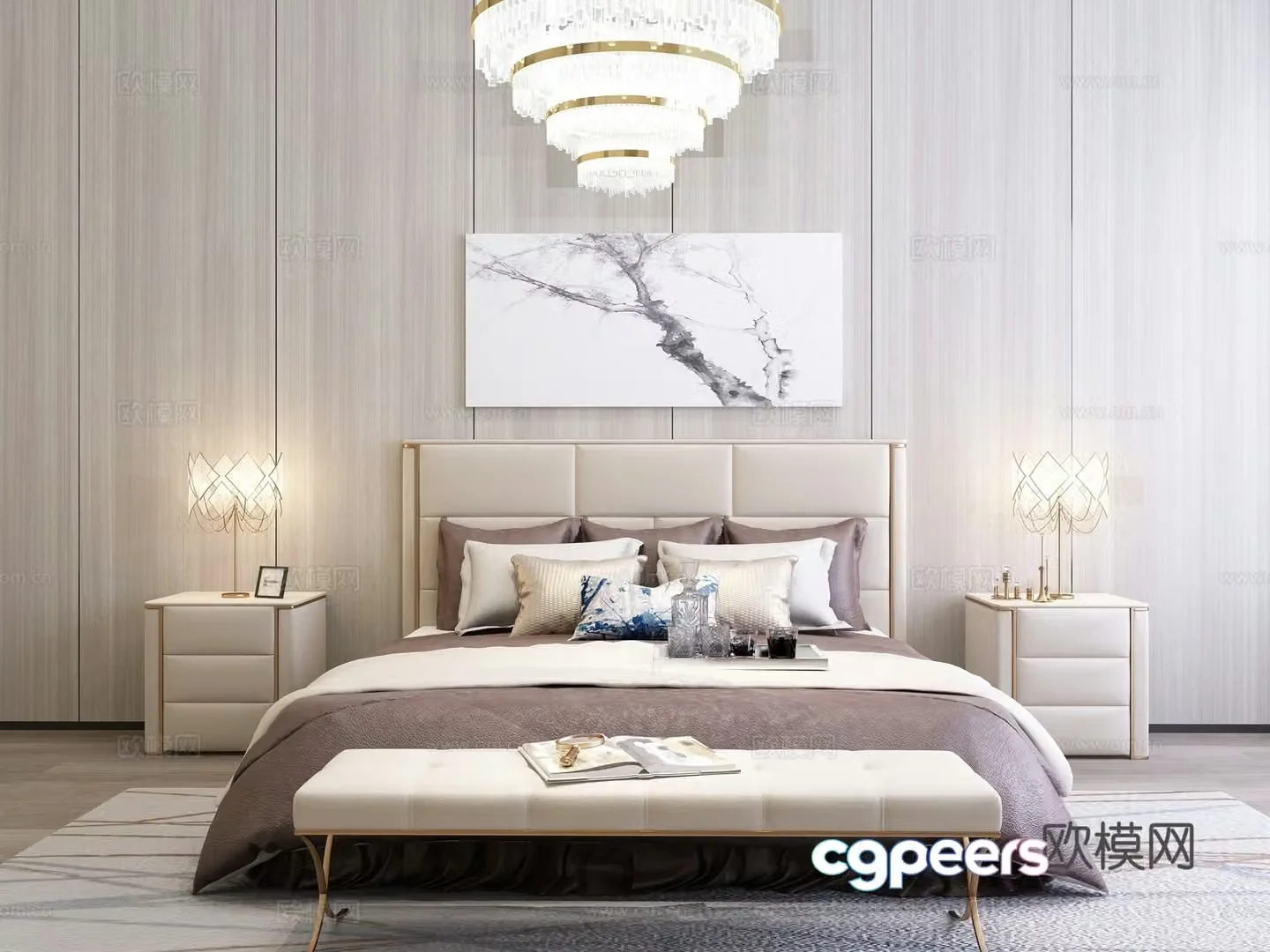 Modern double bed wall decoration bedside table chandeliers decorative paintings decorations chest of drawers 3d model