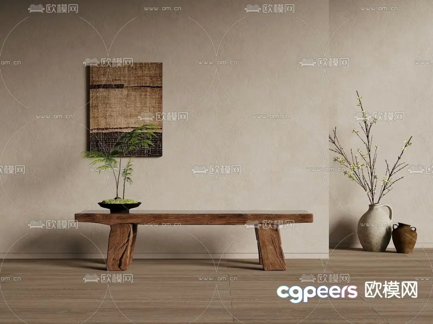 Wabi-sabi style bench solid wood bench 3d model