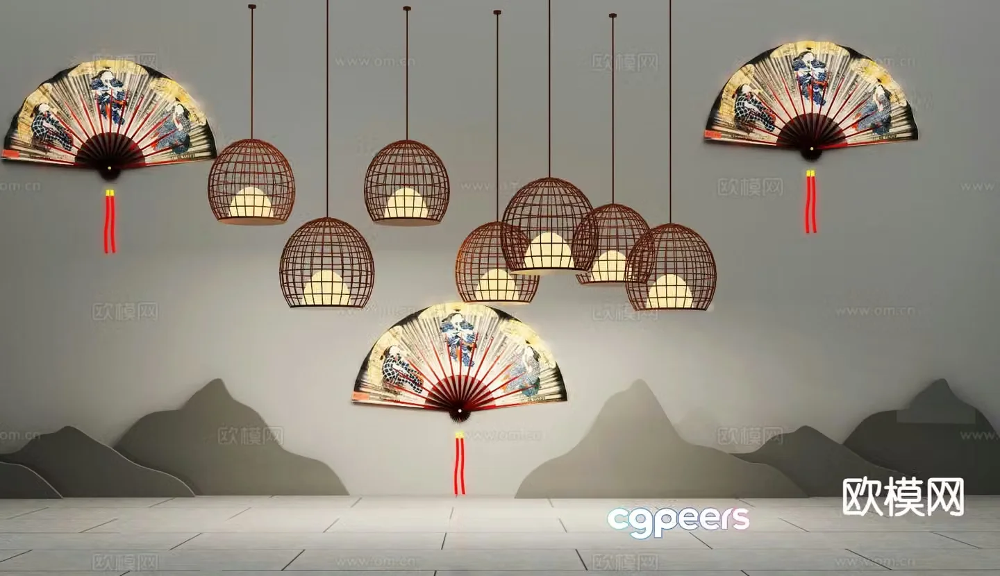 New Chinese style chandelier fan-shaped decorative lamp 3d model