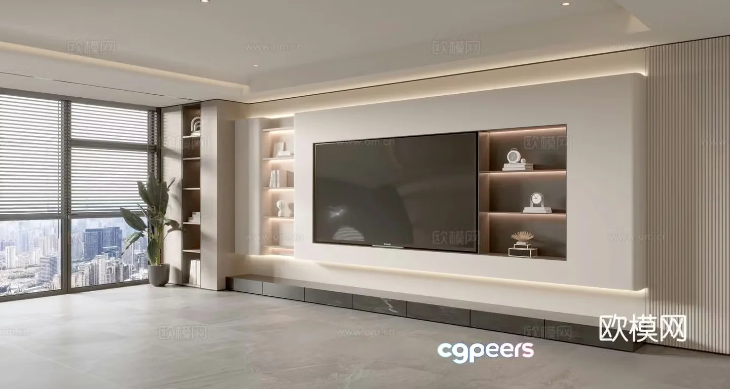 Modern creamy living room light luxury TV background wall creamy TV background wall full wall TV cabinet 3D model