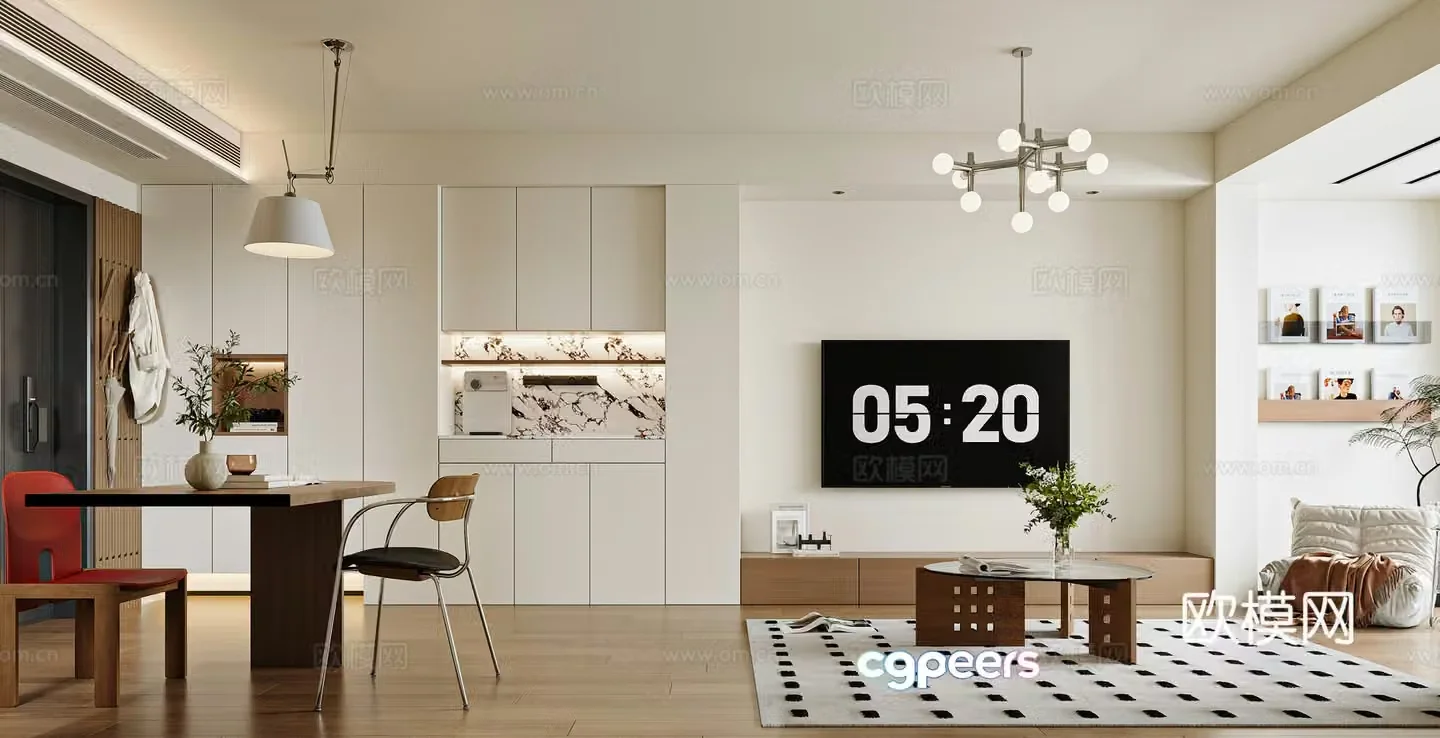 Modern medieval living room Bauhaus living room Medium medieval dining table and chairs Shift chandelier Wash and drying set 3D model