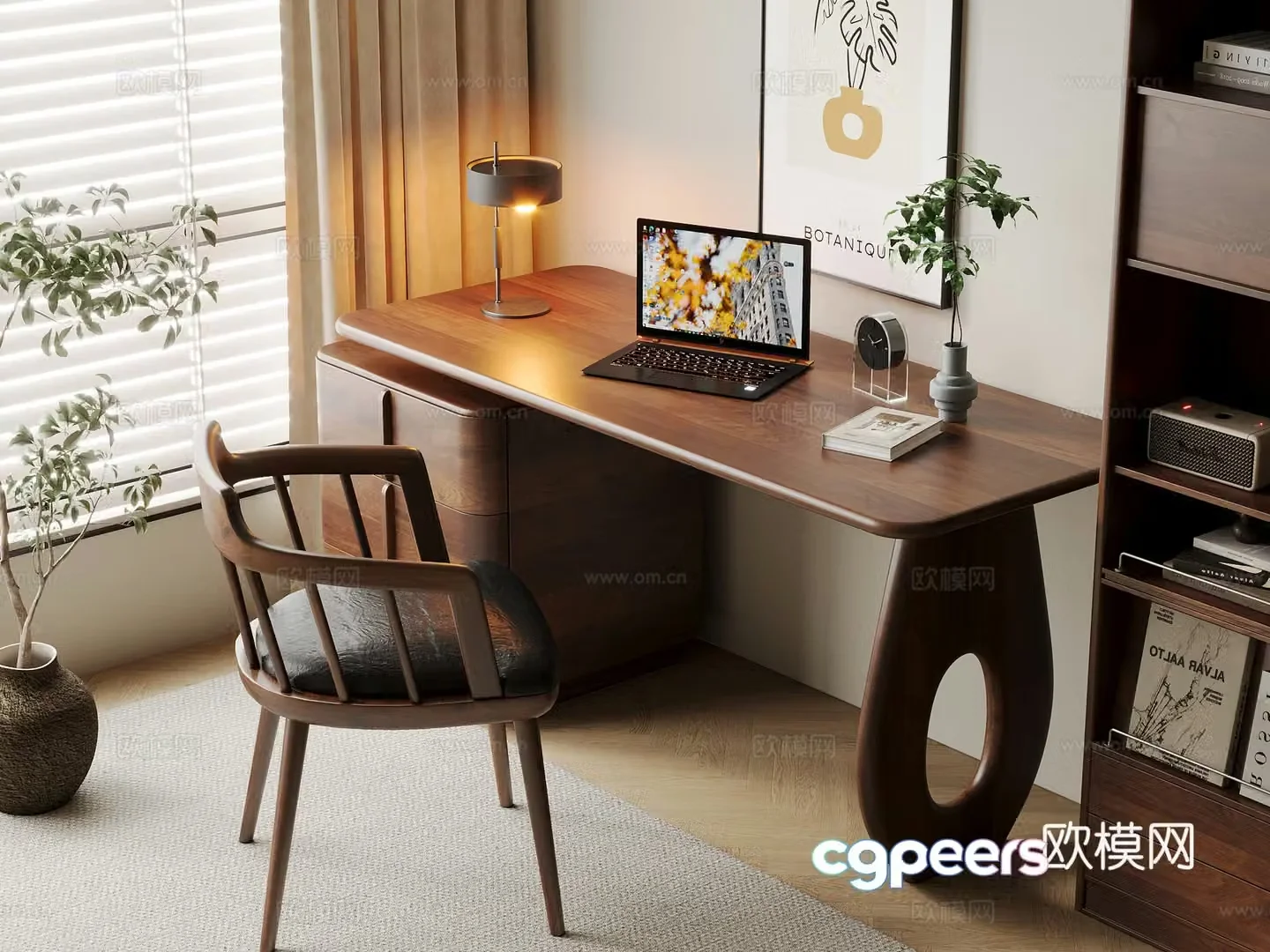 Middle-aged style desk and chair solid wood computer desk and chair writing desk study desk and chair solid wood single chair bookcase 3D model