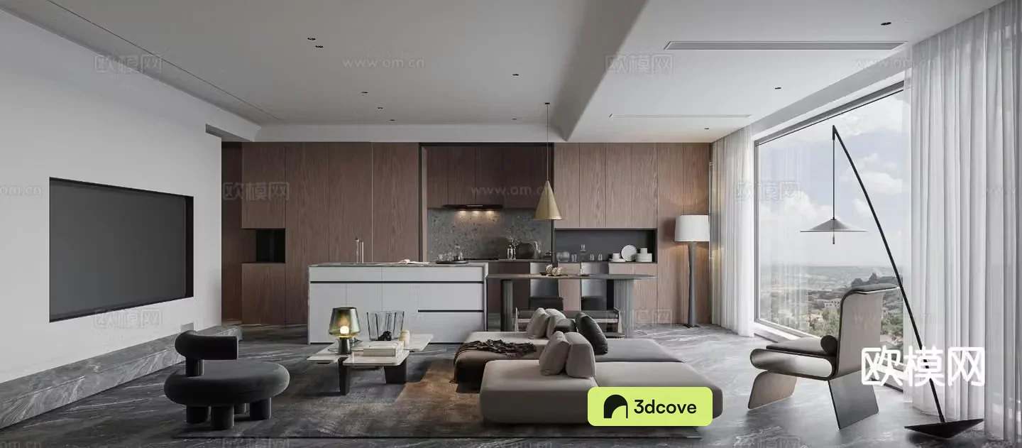 Modern living room and dining room horizontal hall