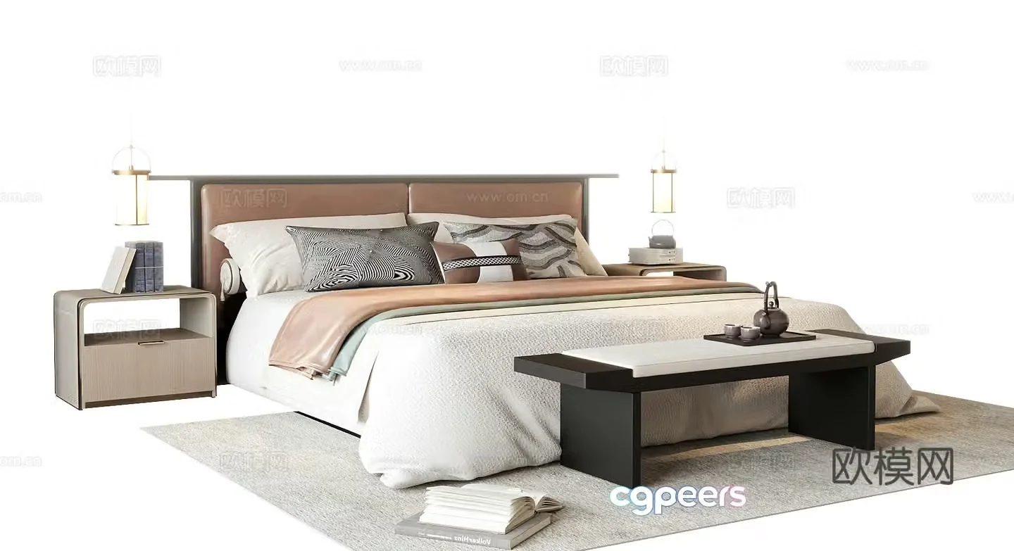 New Chinese style double bed 3d model
