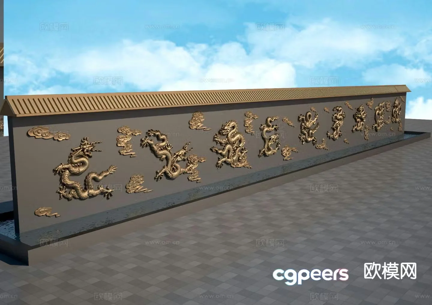 New Chinese style landscape wall Kowloon wall relief wall 3D model