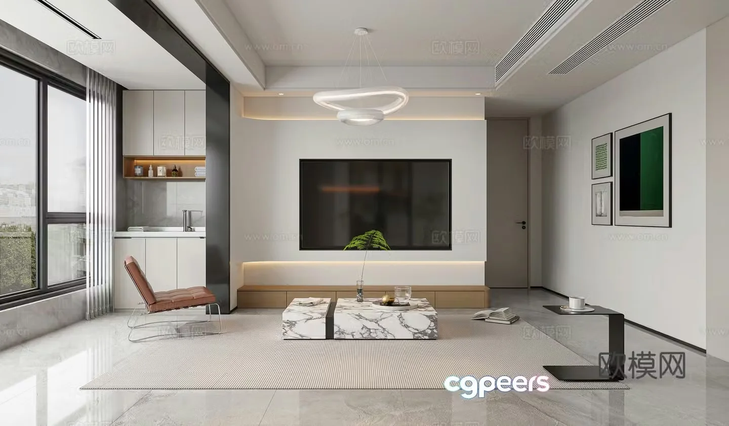 Modern living room TV background wall chandelier Modern living room dining chair coffee table corner table 3d model