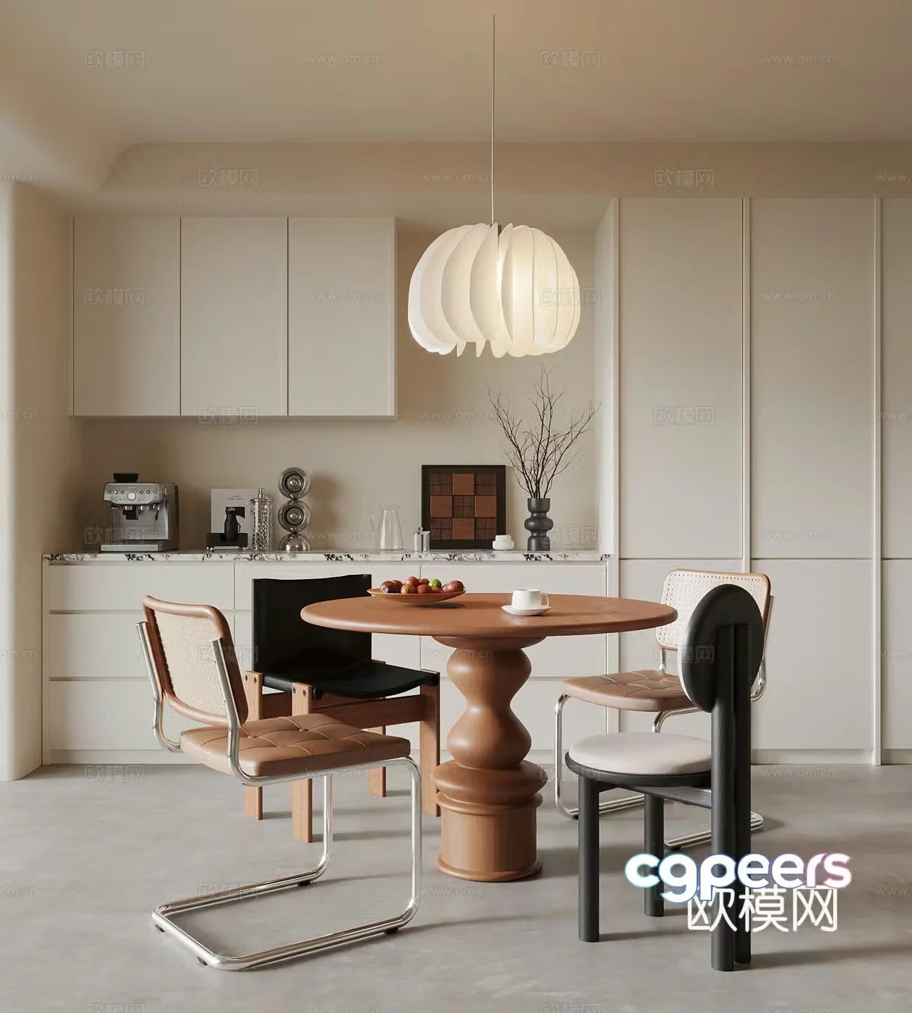 Middle style restaurant dining table and chairs sideboard wine cabinet 3D model