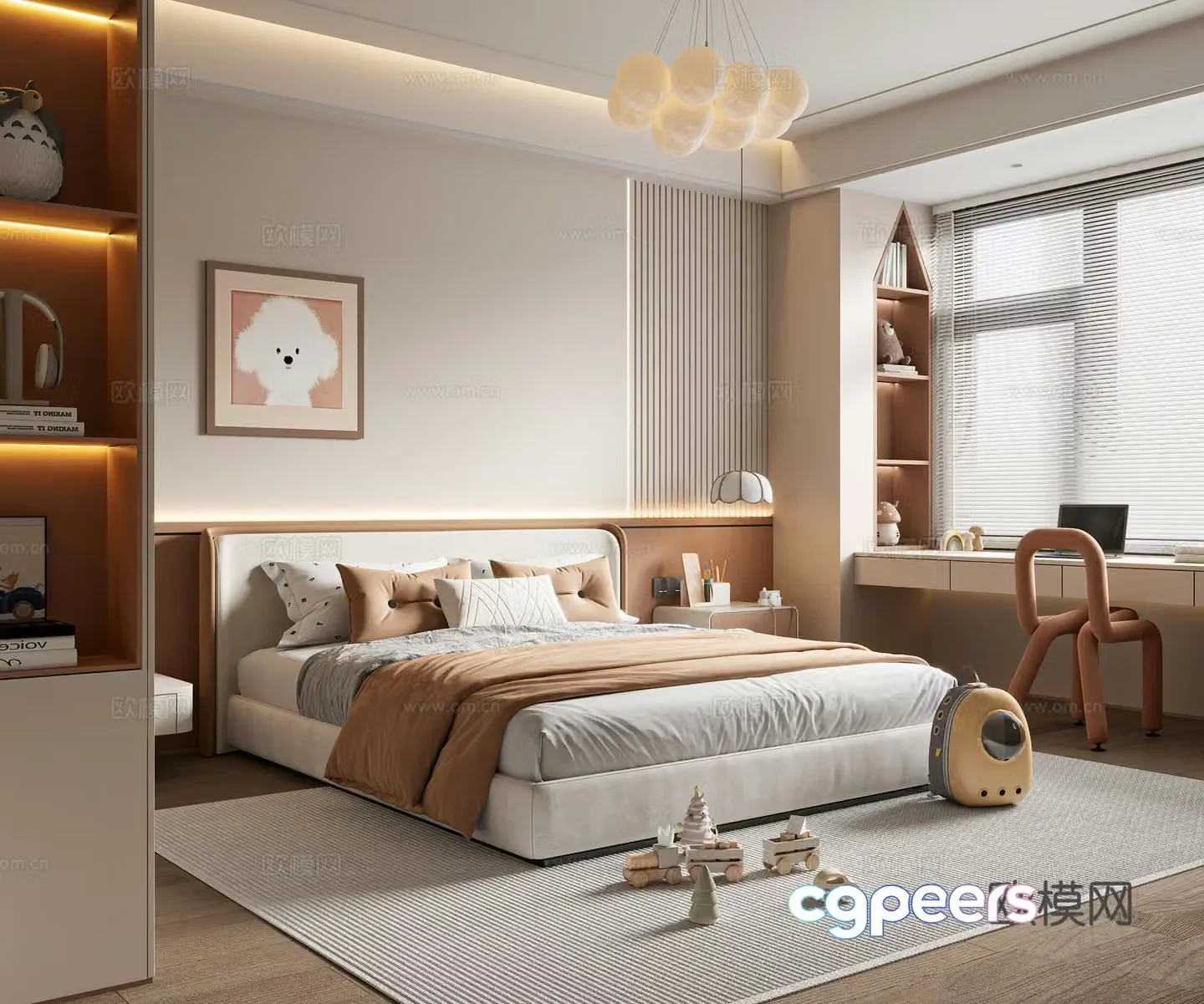 Now creamy children’s room daughter’s room children’s double bed children’s wardrobe children’s desk and chair 3D model