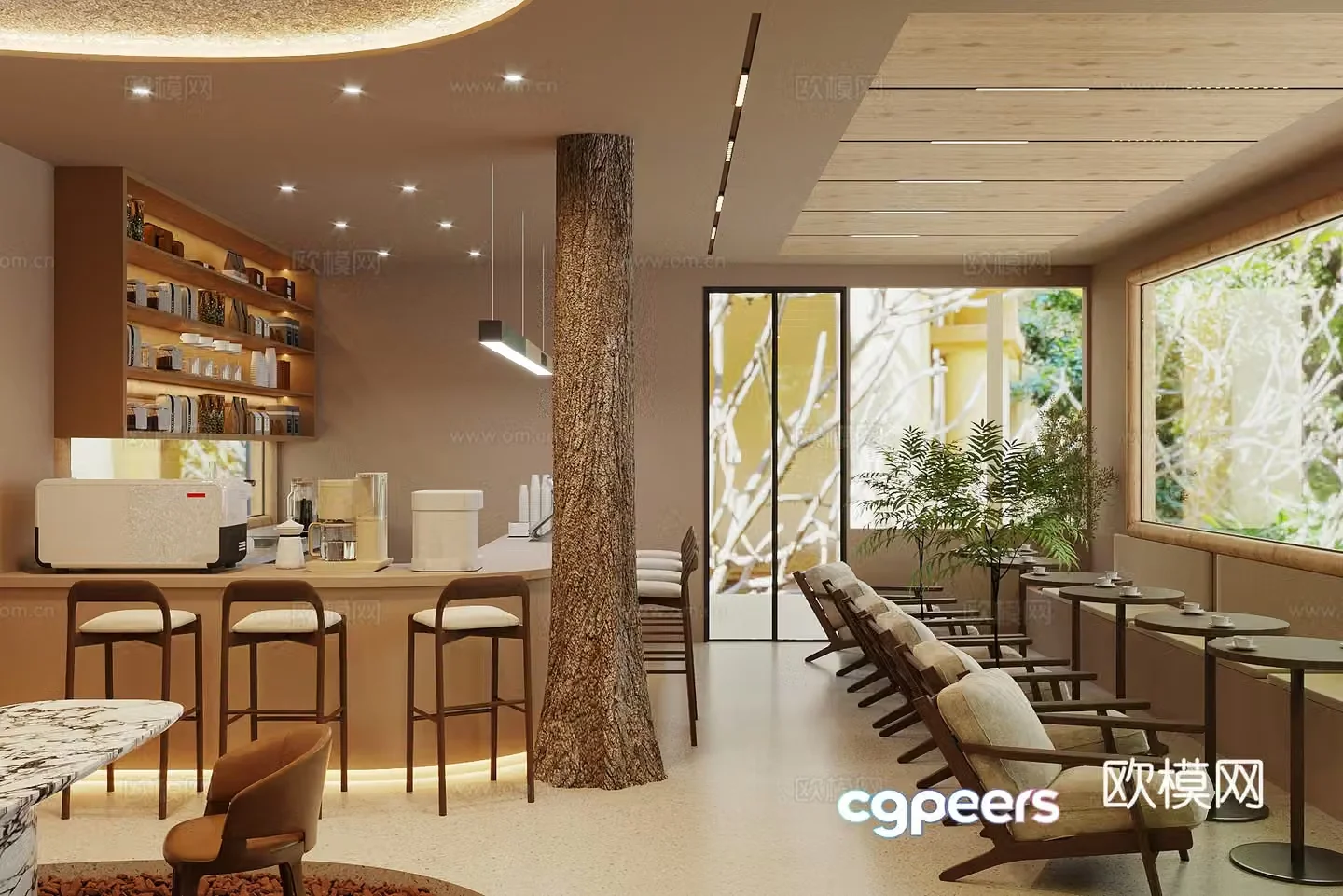 Log wood style milk tea shop cafe 3d model