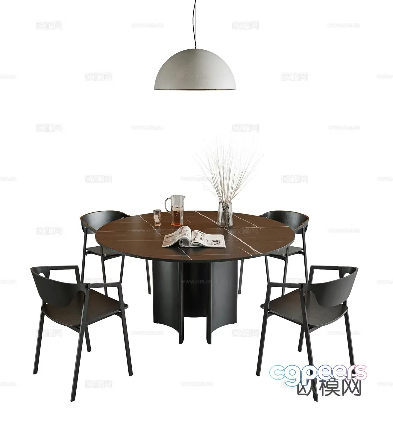 Dining table and chair combination Round dining table Four-person dining table Solid wood dining chair Single chair Book chair Chandelier 3D model