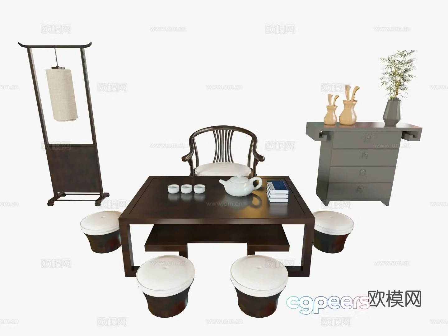 New Chinese style tea table tea table floor lamp 3d model