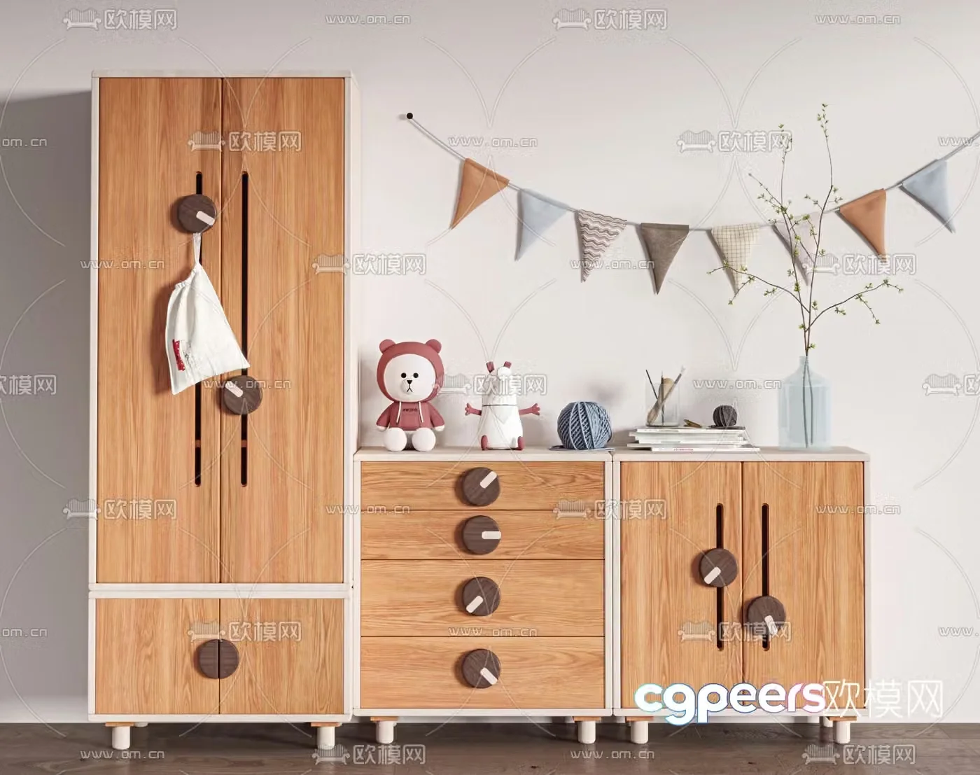 Nordic log children’s wardrobe side cabinet 3D model
