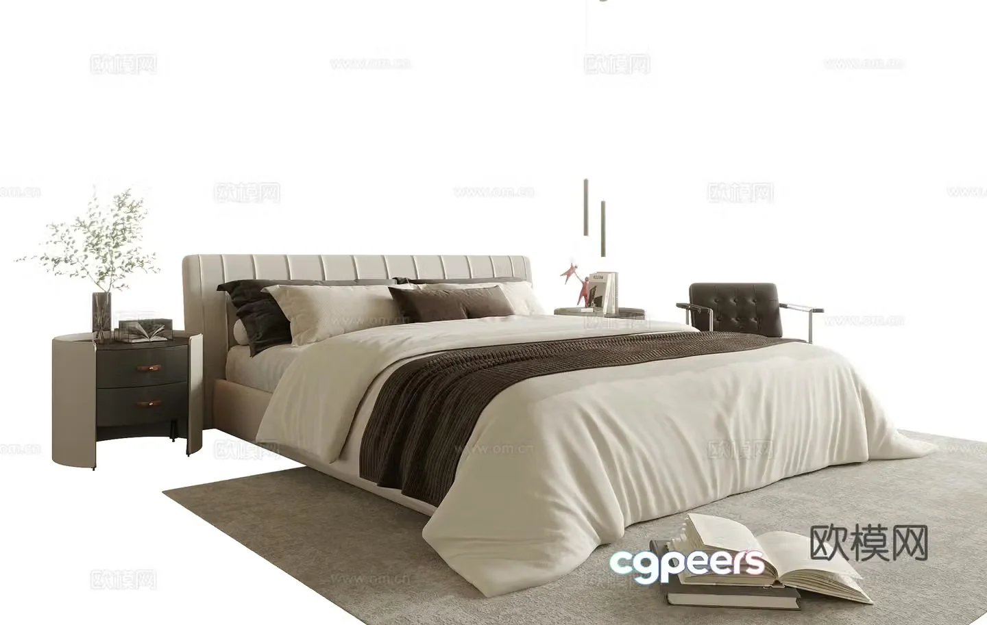 Modern double bed bedside table bedding 3d model