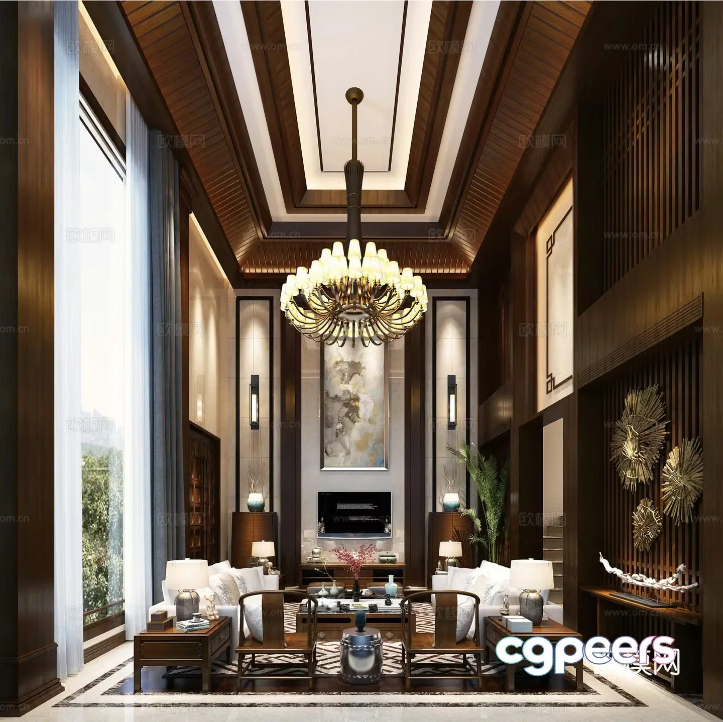 New Chinese style living room sofa background wall curtains lamps railings 3d model