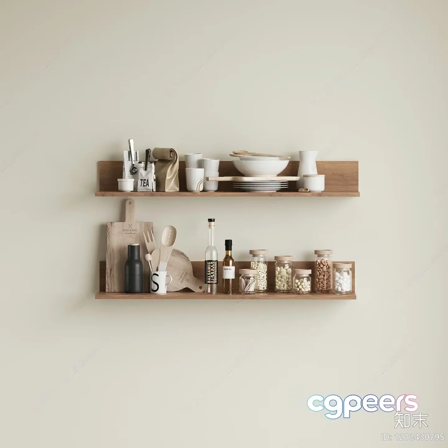 A Wooden Shelf With Kitchen Items 3D Model – 23086 – VRAY Render