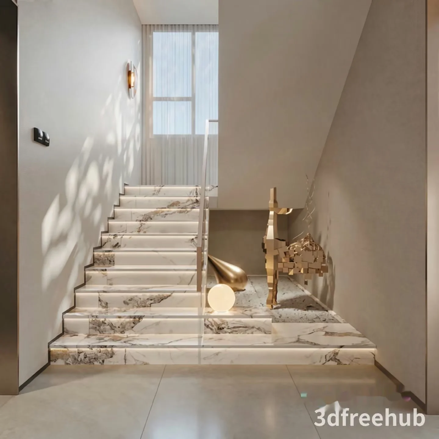 The Image Features A Modern Staircase With Marble Steps And Gold Accents 3D Model – 23349 – VRAY Render