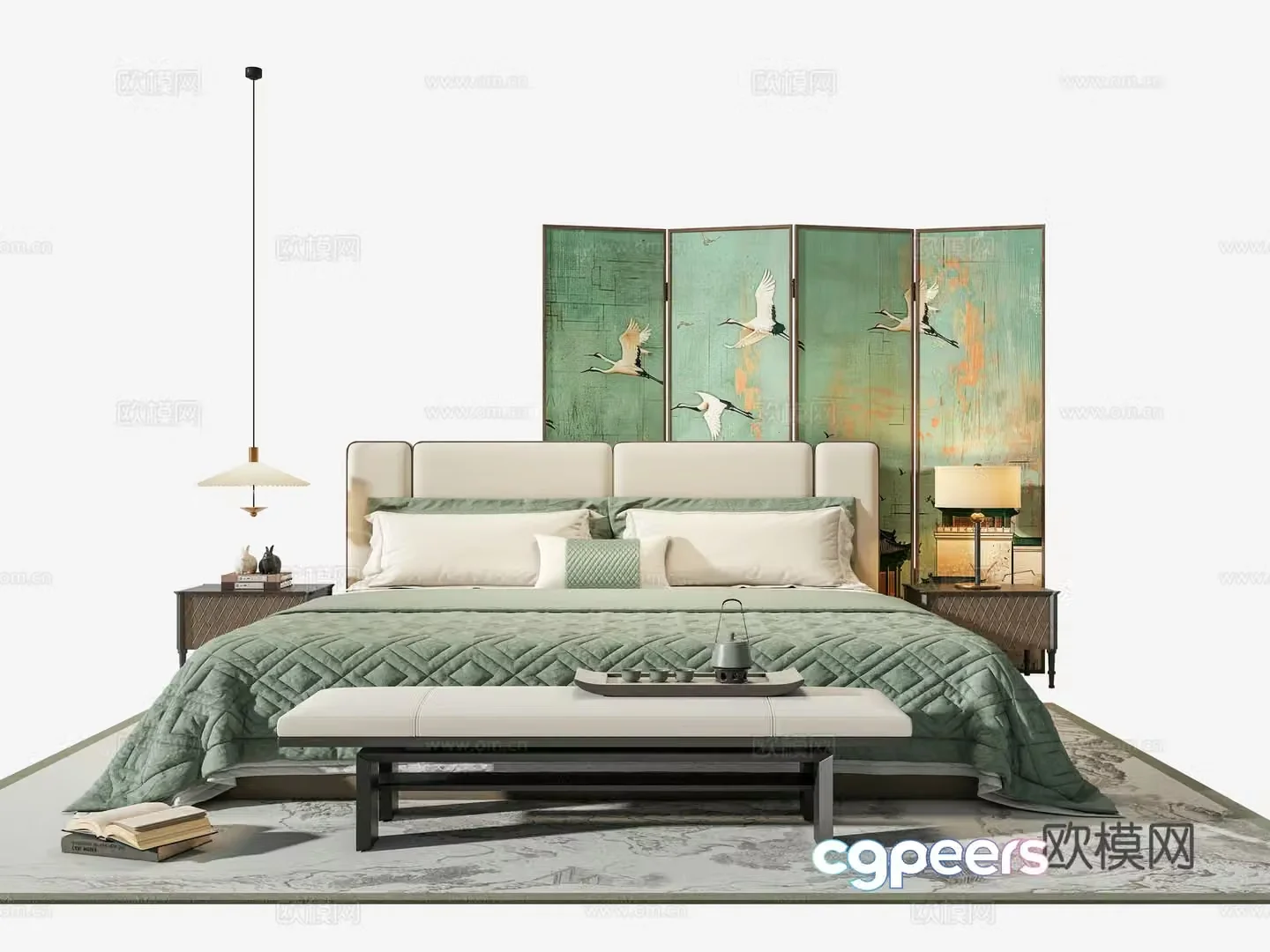 Zen new Chinese style double bed master bedroom fabric double bed bedside table chandeliers desk lamp Song style aesthetic screen 3D model